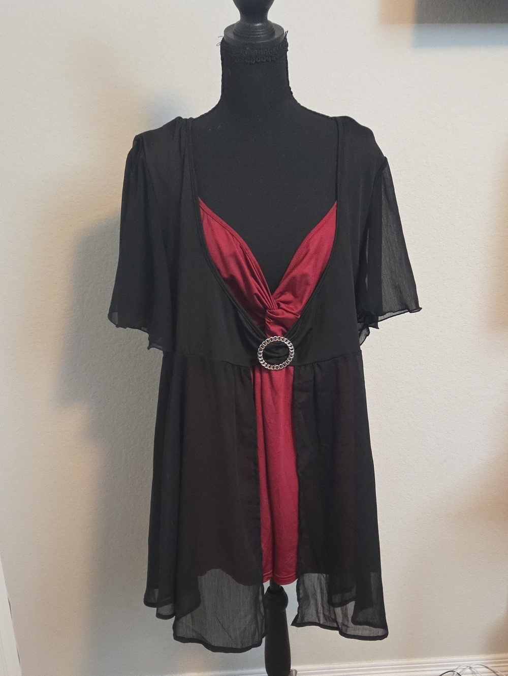 Rosegal Plus Size 2X Gothic Vampire Red Black Sheer Chiffon Layered Top